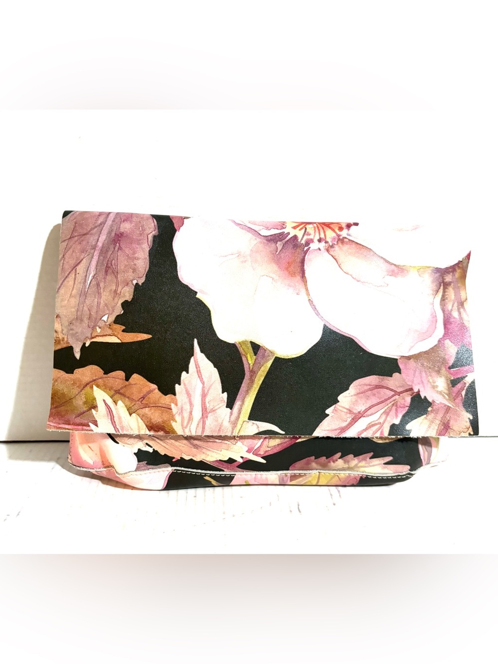Floral Fold-Over Clutch in Pink Multi on Black leather